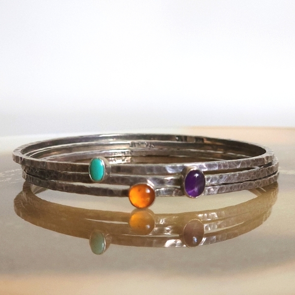 Sterling Silver Gemstone Bangle Bracelets | Stacking Set of 3
